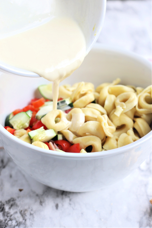 creamy dressing for Hawaiian pasta salad with cheese tortellini and ham