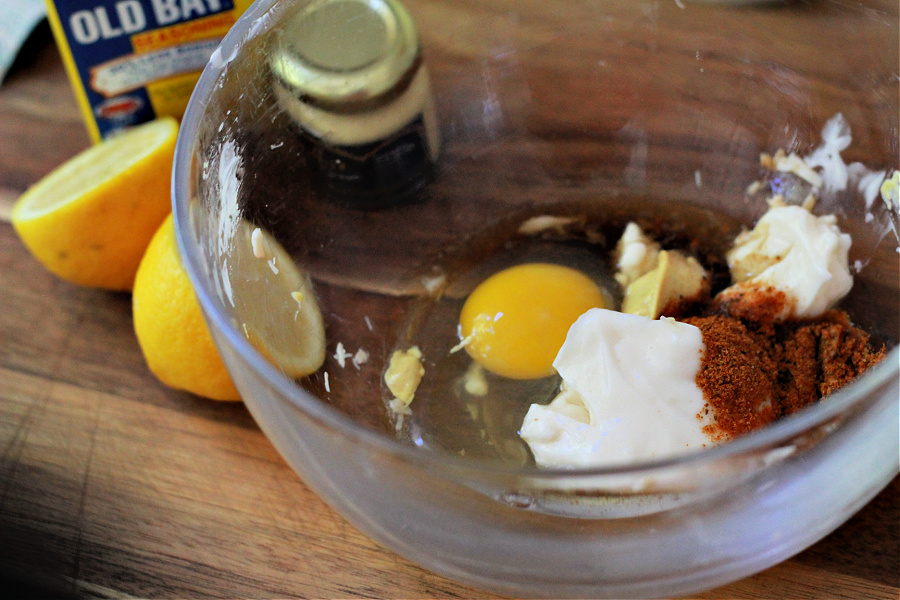 Ingredients for classic crab cakes recipe.