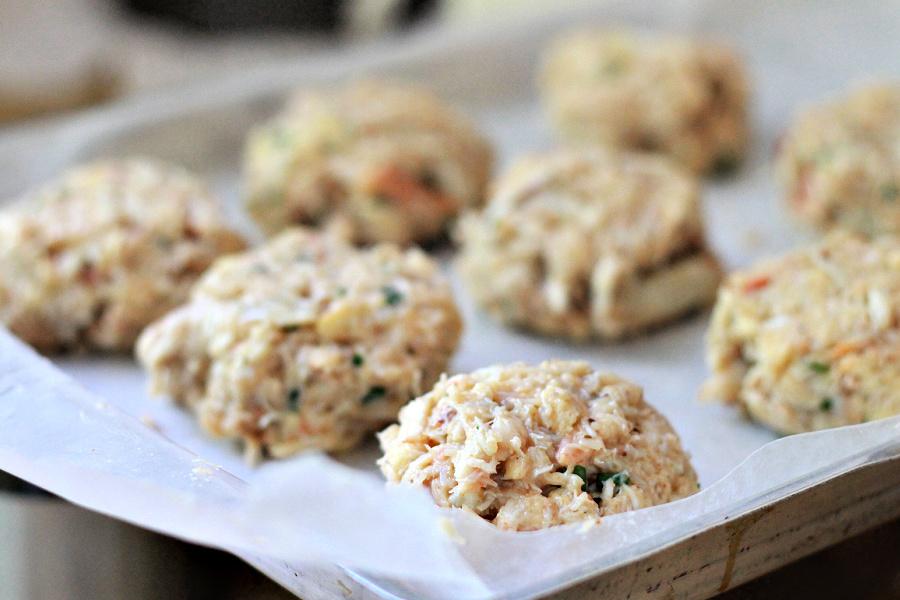 Shaped patties for classic crab cakes recipe.