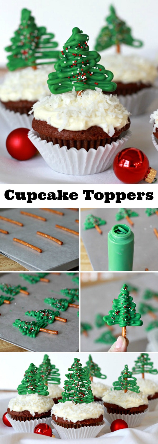 Easy to make, Chocolate Pretzel Christmas Tree Cupcake Toppers look so festive atop coconut frosted cupcakes. A yummy and decorative Christmas treat.