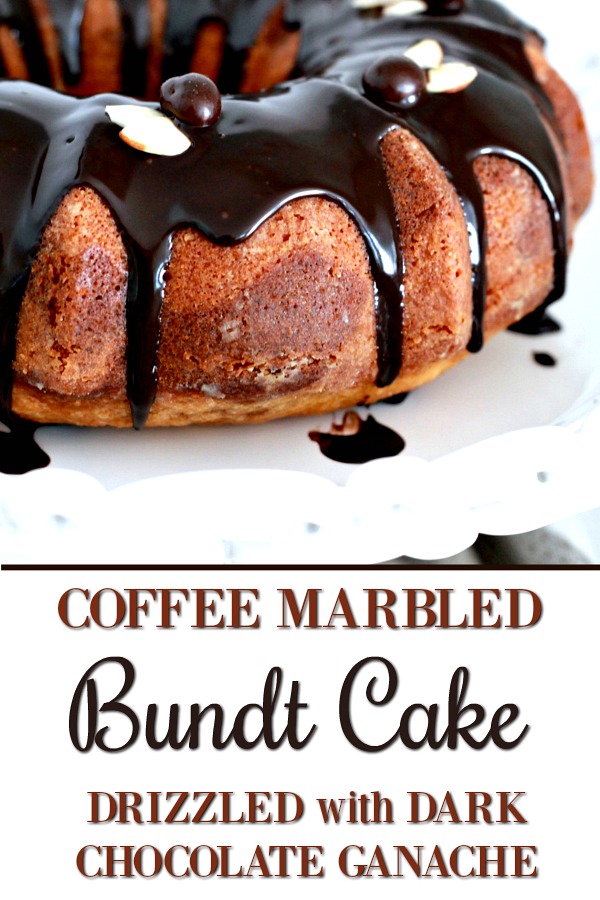 How to make an easy Coffee Marbled Bundt Cake with Dark Chocolate Ganache. Great birthday or any occasion dessert. Swirls of yellow cake and coffee flavored cake with a decadent dark chocolate ganache drizzled on top.