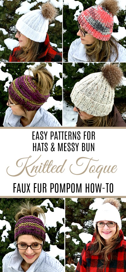 Keep warm with these stylish knitted hats and messy bun with links to easy patterns. Make your own faux fur pompom with easy tutorial.