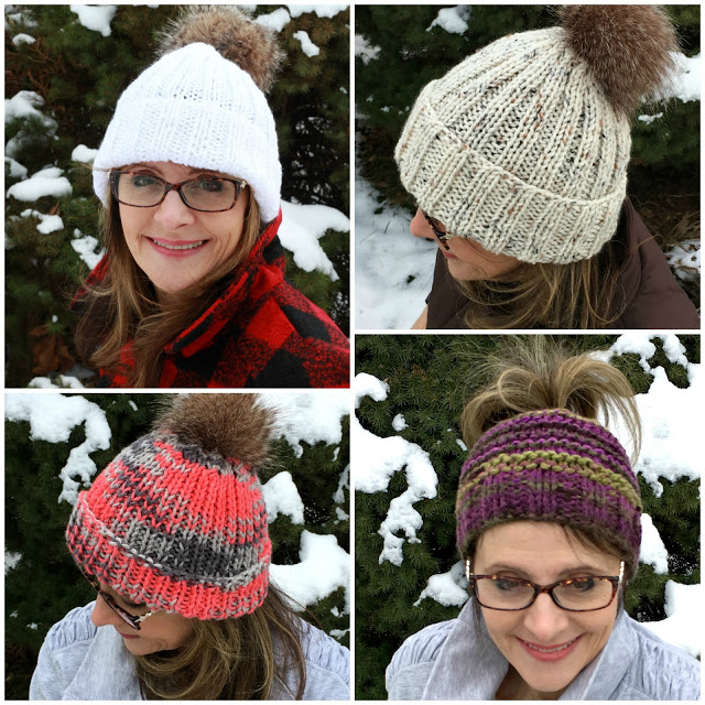 Keep warm with these stylish knitted hats and messy bun with links to easy patterns. Make your own faux fur pompom with easy tutorial.