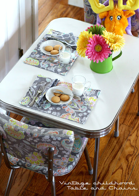 Easy sewing project of reversible kid-sized place mats and cloth napkins for child's table and chair kitchen set