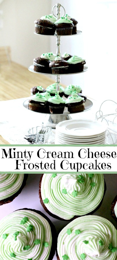 It is not too late to make a quick dessert for St. Patrick's Day. Grab your favorite packaged cake mix and bake a batch of Minty Cream Cheese Frosted Cupcakes. While they are cooling mix up some really yummy frosting tinted green with a hint of mint. A few sprinkles and Voilà!