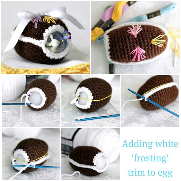 Sweet crochet Easter eggs are easy to make and lovely holiday decorations. Collection of FREE patterns, some vintage, to fill a basket with keepsakes to enjoy for generations. Tutorials include a chocolate diorama egg, an egg that opens for filling and then tied closed. 