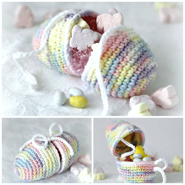 Sweet crochet Easter eggs are easy to make and lovely holiday decorations. Collection of FREE patterns, some vintage, to fill a basket with keepsakes to enjoy for generations. Tutorials include a chocolate diorama egg, an egg that opens for filling and then tied closed. 