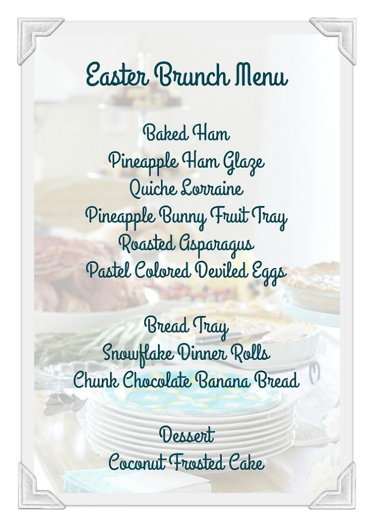 A lovely Easter brunch menu includes baked ham with pineapple glaze, quiche Lorraine, roasted asparagus, deviled eggs, fruit, assorted breads and dessert. Easter is often a time of family gatherings, sunrise church services, fancy clothes and colorfully dyed eggs and a special meal.