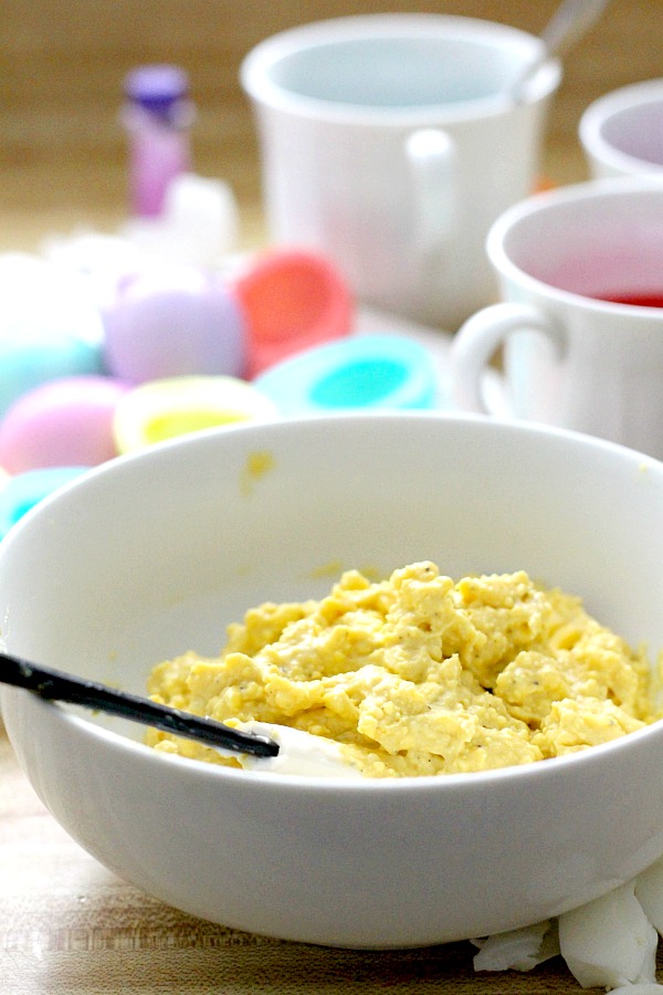 Add these lovely pastel colored eggs to your Easter brunch. Colored whites are filled with a classic deviled egg mixture for a favorite appetizer or breakfast dish. 