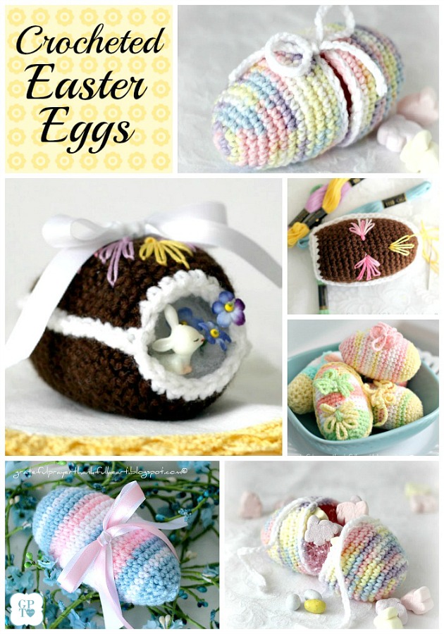 Sweet crochet Easter eggs are easy to make and lovely holiday decorations. Collection of FREE patterns, some vintage, to fill a basket with keepsakes to enjoy for generations. Tutorials include a chocolate diorama egg, an egg that opens for filling and then tied closed. 