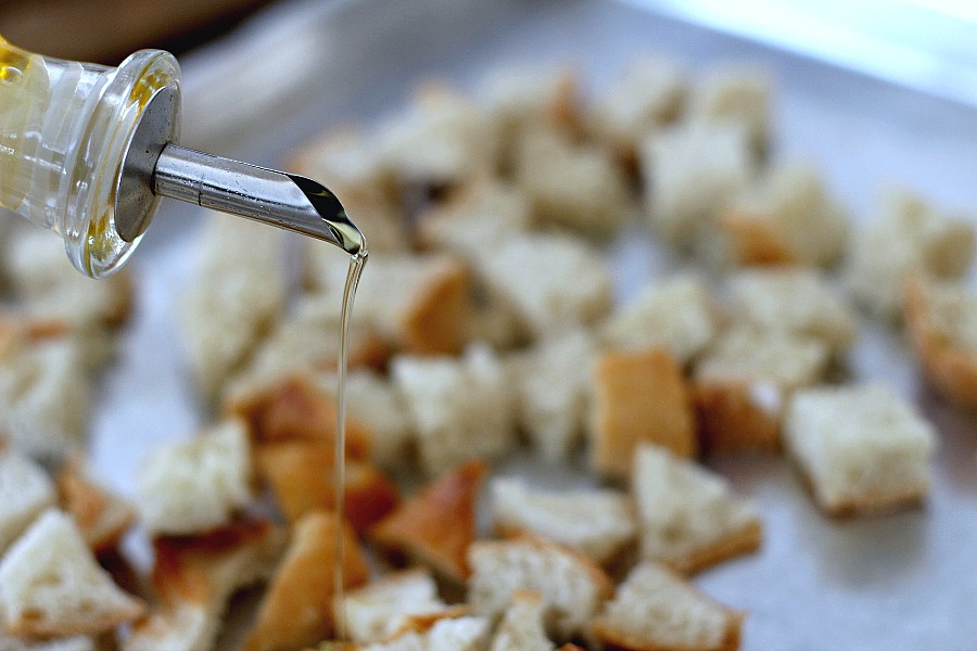 Homemade croutons to top salad with Buttermilk Ranch Dressing.