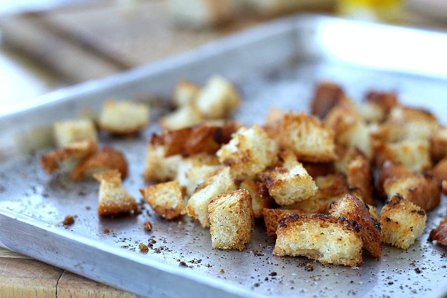 Homemade croutons to top salad with Buttermilk Ranch Dressing.