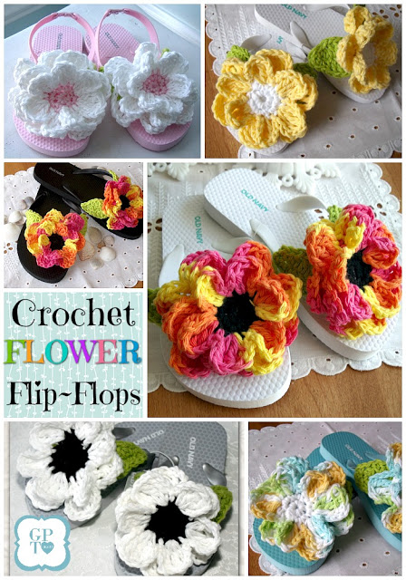 Dress up inexpensive flip flops with easy to make crochet flowers for summer fun. How-to instructions for attaching and flowers pattern.