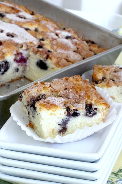 Easy recipe for Blueberry Boy Bait. Tender crumb texture cake loaded with berries and a lightly crunchy cinnamon sugar topping. Classic, vintage recipe.