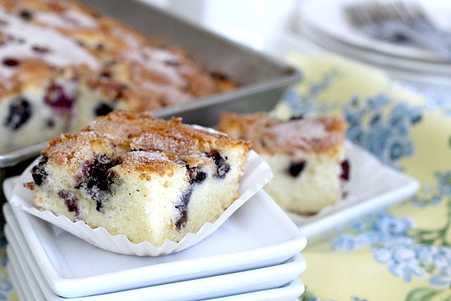 Easy recipe for Blueberry Boy Bait. Tender crumb texture cake loaded with berries and a lightly crunchy cinnamon sugar topping. Classic, vintage recipe.