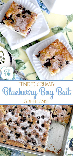 Easy recipe for Blueberry Boy Bait. Tender crumb texture cake loaded with berries and a lightly crunchy cinnamon sugar topping. Classic, vintage recipe.