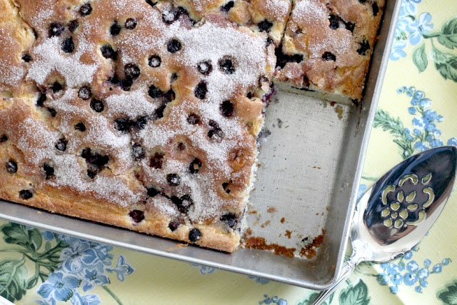 Easy recipe for Blueberry Boy Bait. Tender crumb texture cake loaded with berries and a lightly crunchy cinnamon sugar topping. Classic, vintage recipe.