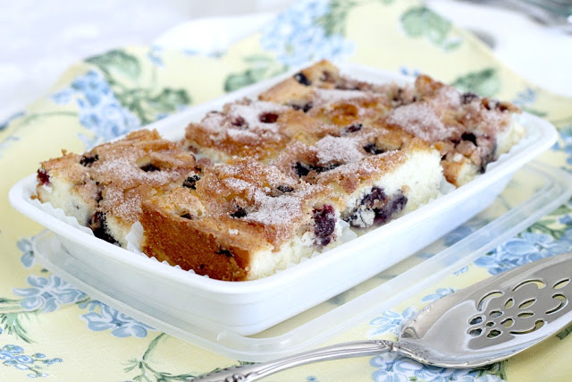 Easy recipe for Blueberry Boy Bait. Tender crumb texture cake loaded with berries and a lightly crunchy cinnamon sugar topping. Classic, vintage recipe.