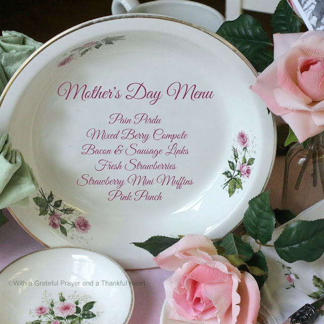 Mother's Day Menu and a Vintage Theme Table as we Remember Mom. Gathering many old rose pottery pieces and boopie glasses from our childhood, I created a vintage tablescape and a Mother's Day Menu any mom would enjoy.