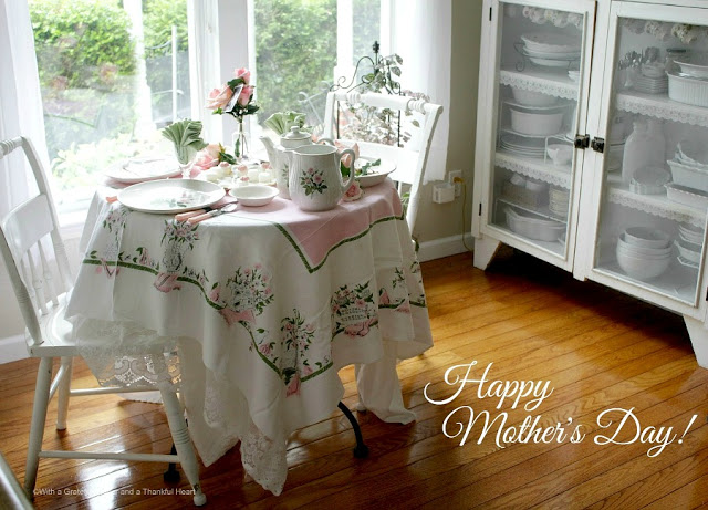 Mother's Day Menu and a Vintage Theme Table as we Remember Mom. Gathering many old rose pottery pieces and boopie glasses from our childhood, I created a vintage tablescape and a Mother's Day Menu any mom would enjoy.