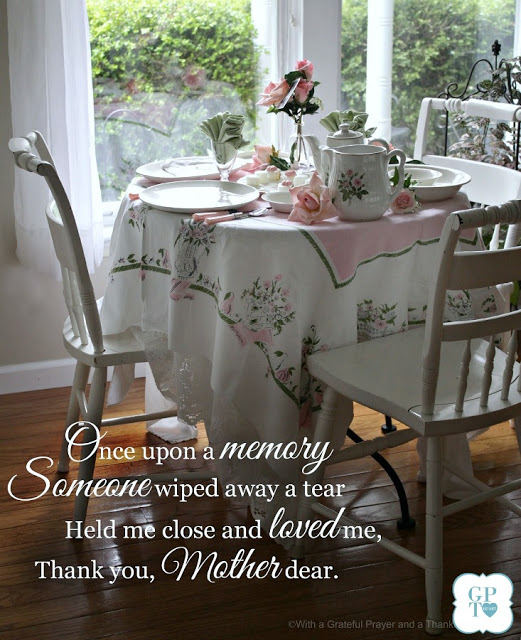 Mother's Day Menu and a Vintage Theme Table as we Remember Mom. Gathering many old rose pottery pieces and boopie glasses from our childhood, I created a vintage tablescape and a Mother's Day Menu any mom would enjoy.