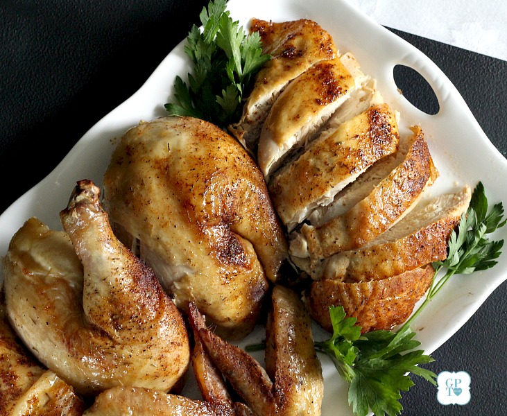 Easy recipe for moist and tender chicken, slow roasted in the oven with dry rub spices. 