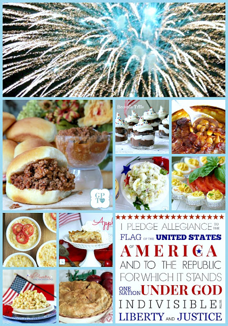 Picnicking, Cooking-out & CELEBRATING! Collection of favorite July 4th Foods including macaroni & potato salad, baked beans, deviled eggs & apple pie.