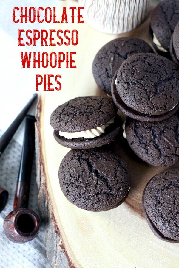 Chocolate Espresso Whoopie Pies are decadent and delicious. The dark chocolate cookie is rich and cake like. Or even brownie like, with a hint of coffee. Two cookies are sandwiched together with a frosting filling that is light and fluffy with more coffee flavor!