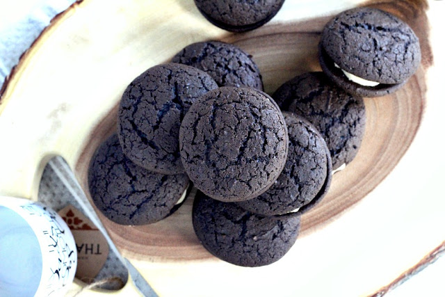 Chocolate Espresso Whoopie Pies are decadent and delicious. The dark chocolate cookie is rich and cake like. Or even brownie like, with a hint of coffee. Two cookies are sandwiched together with a frosting filling that is light and fluffy with more coffee flavor!