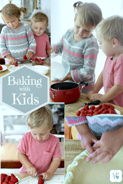 Strawberry Pie topped with whipped cream. Made this pie with two preschoolers for a fun and tasty baking-with-kids dessert.