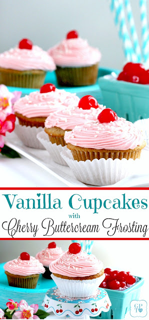 Vanilla Cupcakes with Cherry Buttercream Frosting: Easy recipe for vanilla cupcakes with cherry buttercream frosting. A delicious and fun recipe to make with kids.