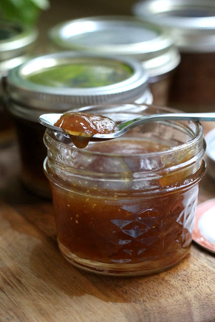 Fig preserves made from figs harvested from backyard fig tree is easy to make and delicious on muffins, toast and even with crackers and cheese.