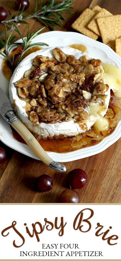 Creamy, buttery Tipsy Brie is the appetizer of choice when friends get together. Warm, melty with a topping of brown sugar, sliced almonds & bourbon.