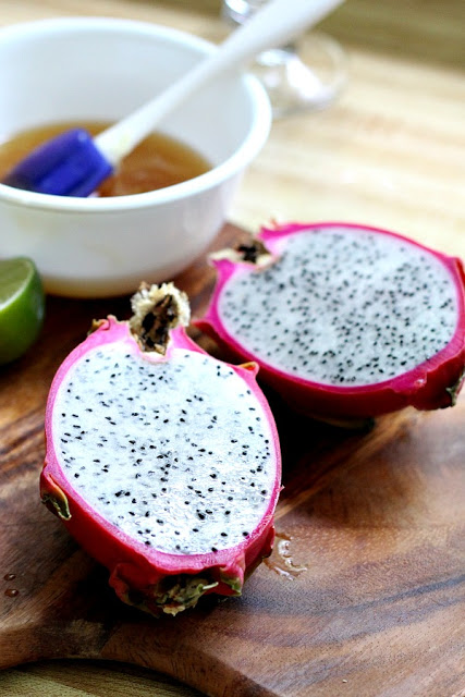 Gorgeous pink dragon fruit brightens this fresh fruit salad with a honey lime ginger dressing. Colorful, delicious and nutritious. 