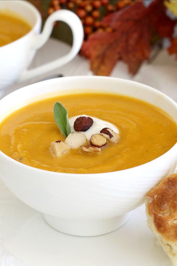 Easy recipe for Butternut squash soup. The warm flavors of autumn are echoed in this golden-orange, thick and slightly sweet bowl of soup.