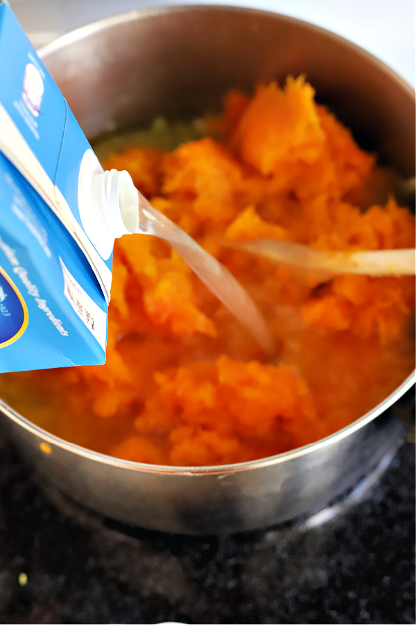 Adding the broth or stock to butternut squash puree for soup