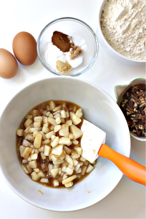 Preparing the pears for pear, banana and walnut muffins