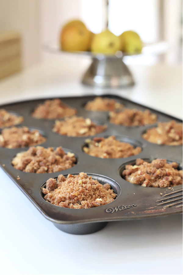 Baked pear, banana and walnut muffins.