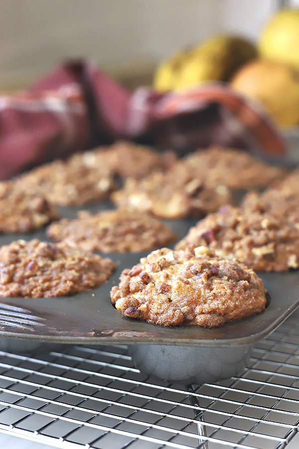 Baked pear, banana and walnut muffins.