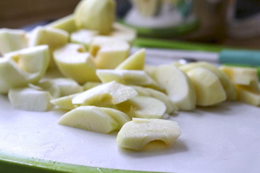 Super easy, homemade chunky applesauce lightly sweetened and with a hint of cinnamon and cloves. Lovely autumn & Thanksgiving side dish using fresh apples.