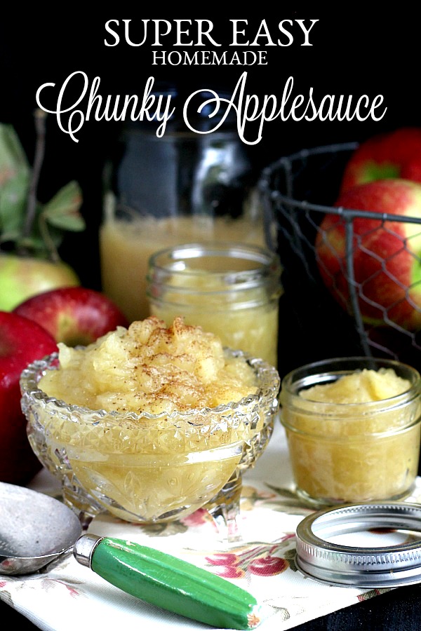 Super easy, homemade chunky applesauce lightly sweetened and with a hint of cinnamon and cloves. Lovely autumn & Thanksgiving side dish using fresh apples.