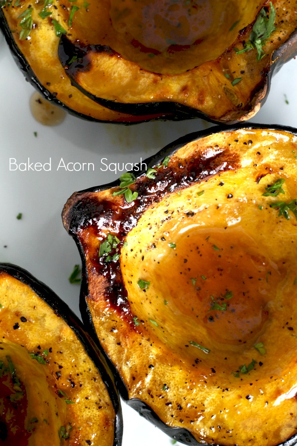 Baked acorn squash couldn't be easier. Bake the sliced and seeded squash with butter and maple syrup until fork tender. A lovely autumn side dish.