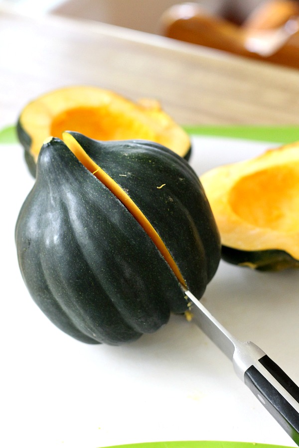 Baked acorn squash couldn't be easier. Bake the sliced and seeded squash with butter and maple syrup until fork tender. A lovely autumn side dish.