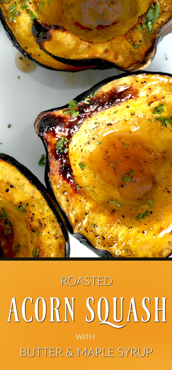 Baked acorn squash couldn't be easier. Bake the sliced and seeded squash with butter and maple syrup until fork tender. A lovely autumn side dish.