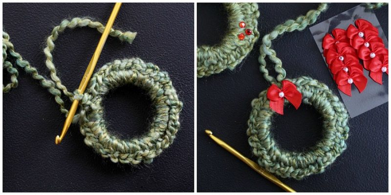 Easy peasy crochet wreath ornaments work up super quickly. Use them to decorate your Christmas tree and gift packages. Inexpensive and cute for teachers, friends and neighbors.