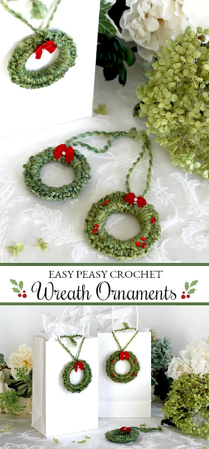 Easy peasy crochet wreath ornaments work up super quickly. Use them to decorate your Christmas tree and gift packages. Inexpensive and cute for teachers, friends and neighbors.