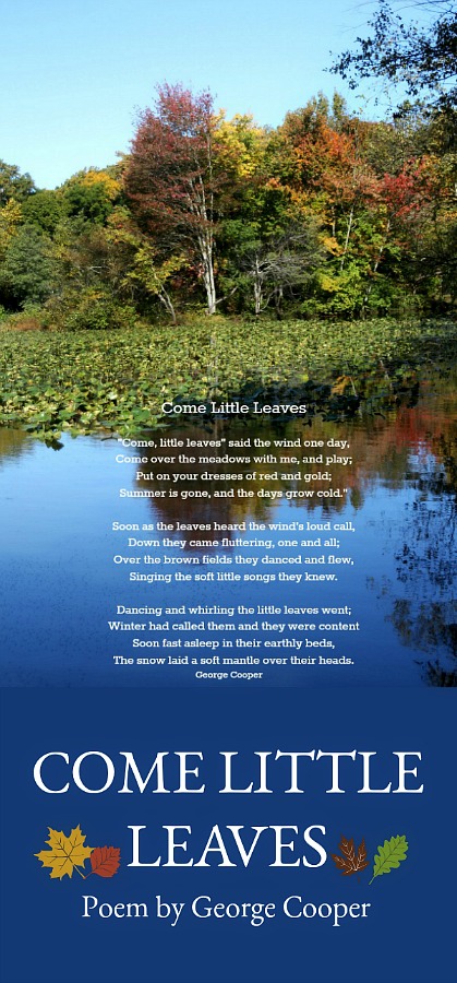 Sweet poem for autumn, Come Little Leaves by George Cooper. Put on your dresses of red and gold; Summer is gone, and the days grow cold.