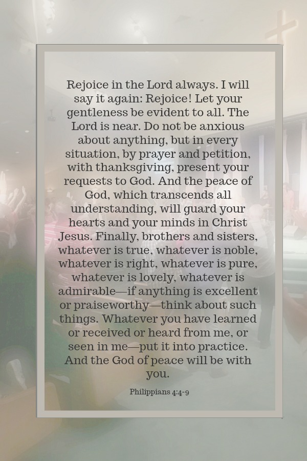 Choose CALM. When anxiety comes remember this acronym: Celebrate God's goodness, Ask God for help, Leave your concerns and Meditate on good.