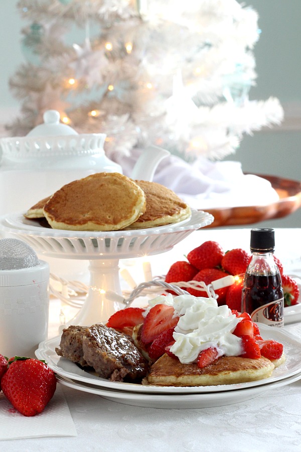 Fluffy Pancakes with Strawberries are a scrumptious treat anytime but are fancy enough for holidays and even for a Breakfast-for-Dinner meal.