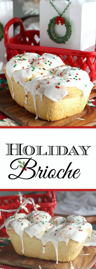 Bake a festive loaf of rich holiday brioche from easy recipe using a bread machine. Frosted with a white glaze and colorful sprinkles. Great food gift idea.